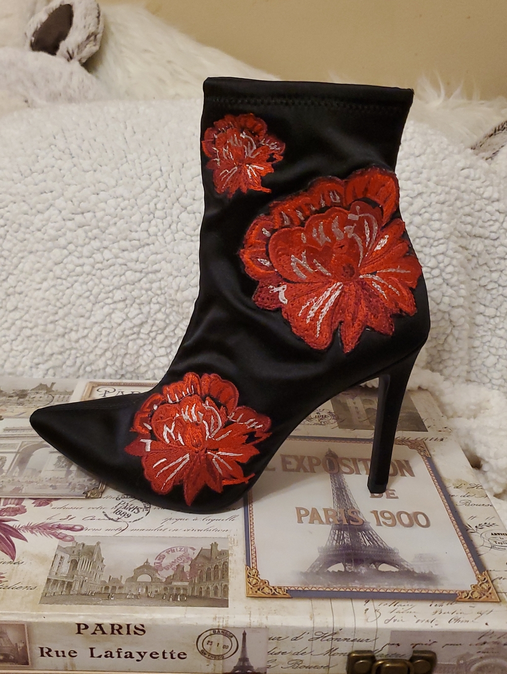 Jessica Simpson Pelanna Black Satin Ankle Boots with Red Floral Embroidery
